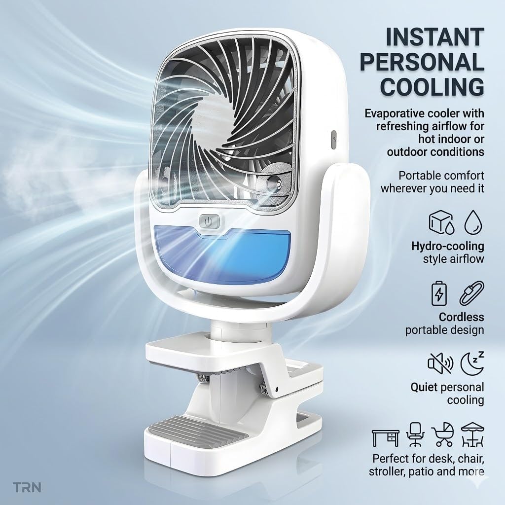 🌬️ Portable Clip-On Rechargeable Fan with Mist Spray